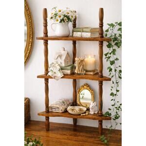 Vintage Wooden Corner Shelf Homeware | MCM Mid Century Modern Wall Shelf